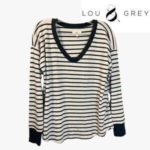 Lou & Grey Women's Long Sleeve Deep V Neck Knit Striped Sweater Loose Pullover